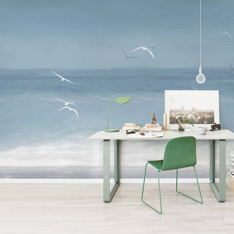 Whole Minimalist Mural Wallpaper Grey and White Seagull Wall Covering, Personalized Size Available