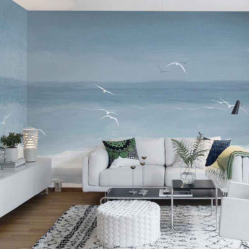 Whole Minimalist Mural Wallpaper Grey and White Seagull Wall Covering, Personalized Size Available