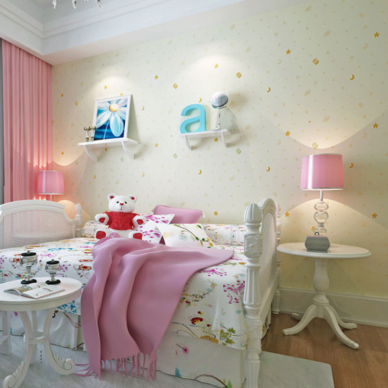 Moon and Star Wallpaper Roll in Soft Color, Modern Wall Covering for Children's Bedroom