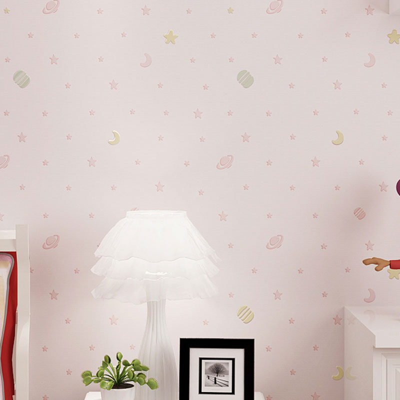 Moon and Star Wallpaper Roll in Soft Color, Modern Wall Covering for Children's Bedroom