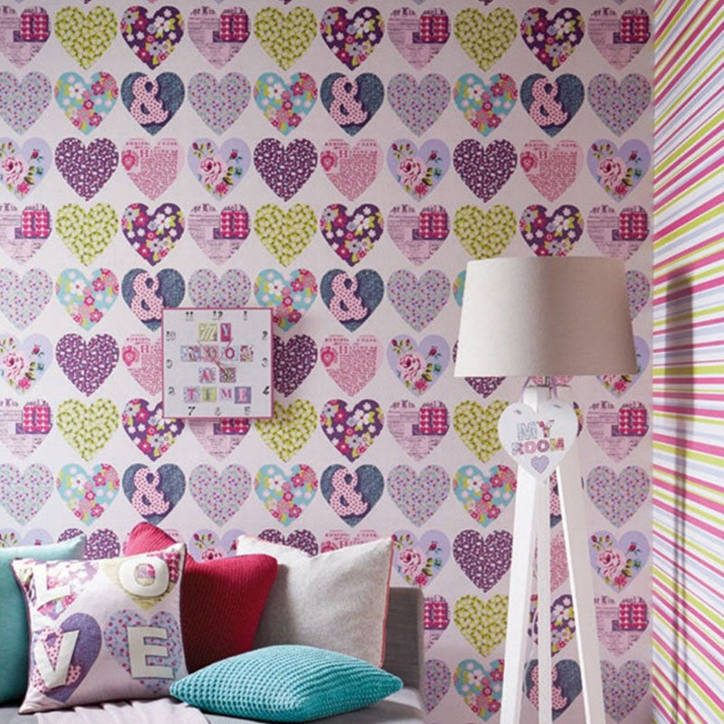 Purple and Pink Heart Wallpaper Stain-Resistant Wall Covering for Children's Bedroom Decoration