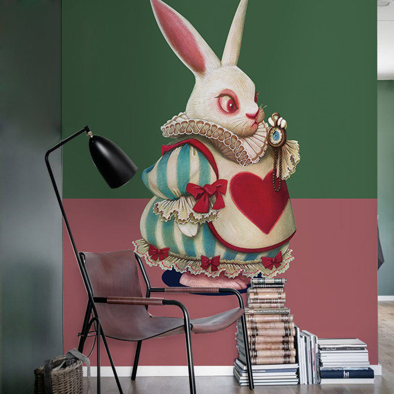 Cute Rabbit Wall Decor Green and Red Minimalist Wall Mural for Children's Bedroom