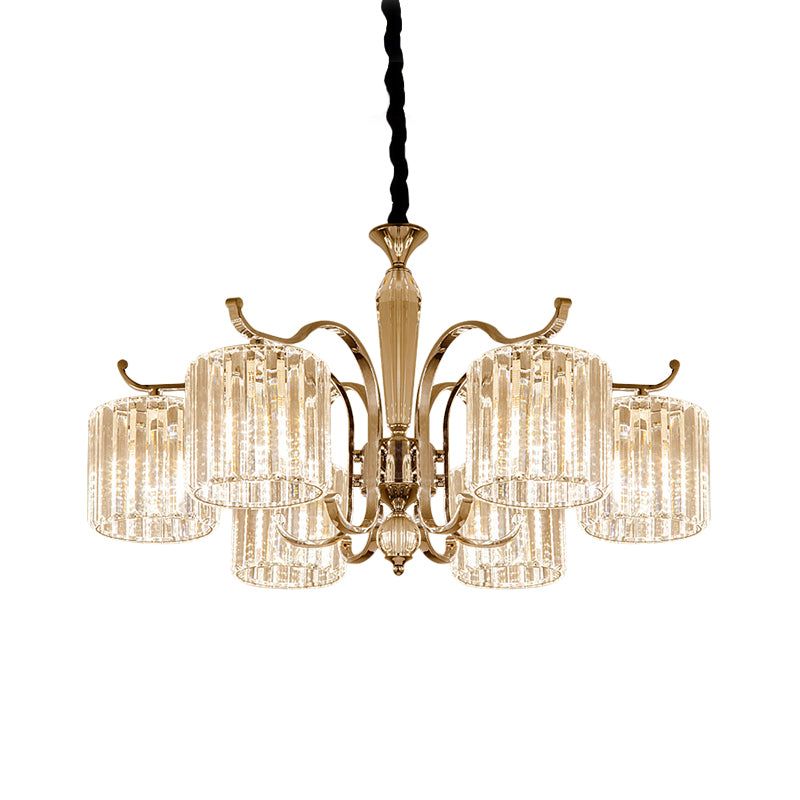 Modernist Cylindrical Suspension Light 6 Heads Clear Faceted Crystal Prism Chandelier Lamp Fixture