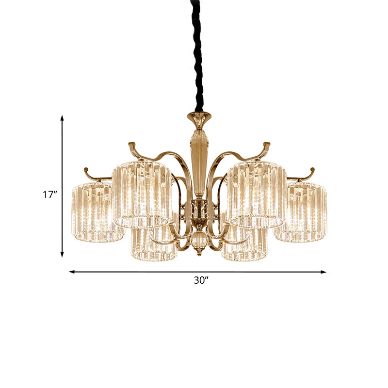 Modernist Cylindrical Suspension Light 6 Heads Clear Faceted Crystal Prism Chandelier Lamp Fixture