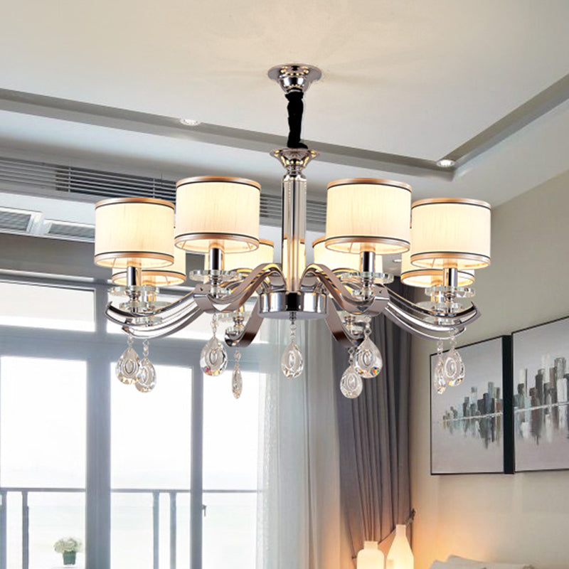 Chrome Finish 8 Bulbs Chandelier Lighting Modernism Metallic Curved Arm Pendant with Small Drum Fabric Shade