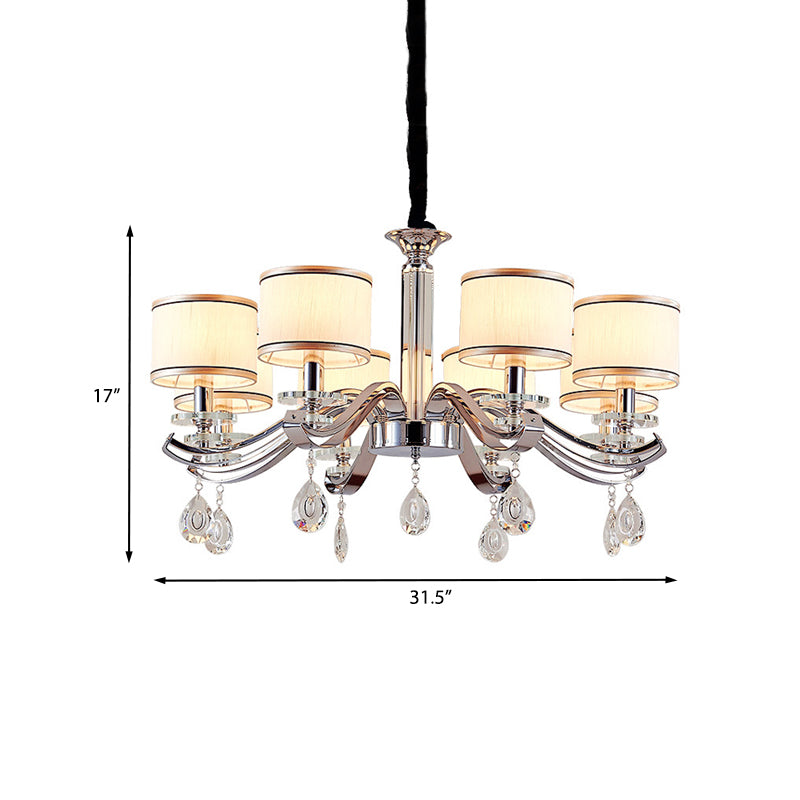 Chrome Finish 8 Bulbs Chandelier Lighting Modernism Metallic Curved Arm Pendant with Small Drum Fabric Shade