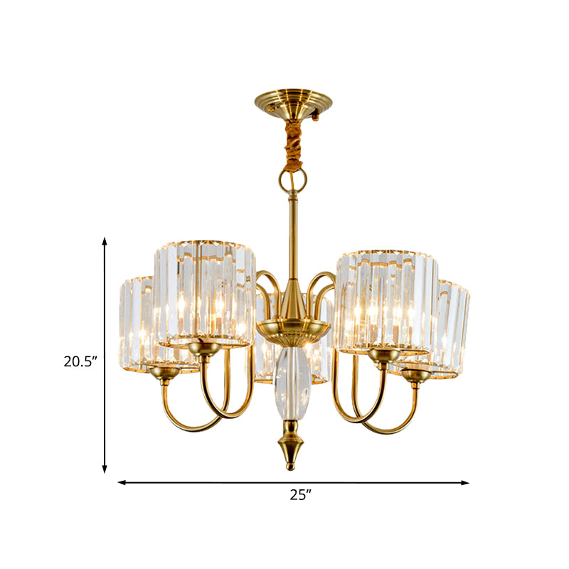 5 Bulbs Pendulum Light with Drum Shade Crystal Block Modernism Dining Room Ceiling Chandelier in Gold