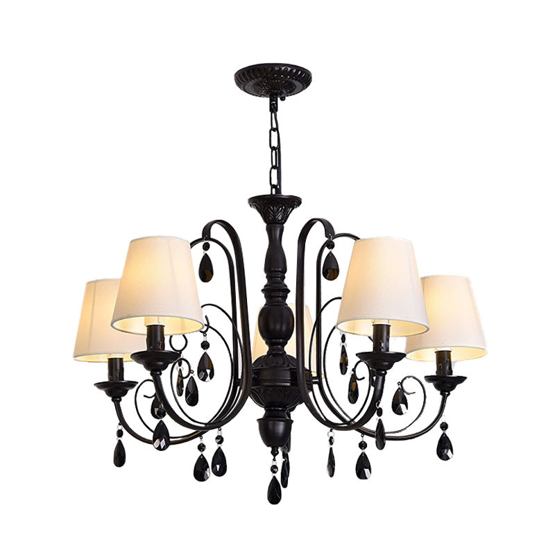 Black Finish Candle Chandelier Light Fixture Modernist Metal 5-Light Restaurant Suspension Lamp with Fabric Shade