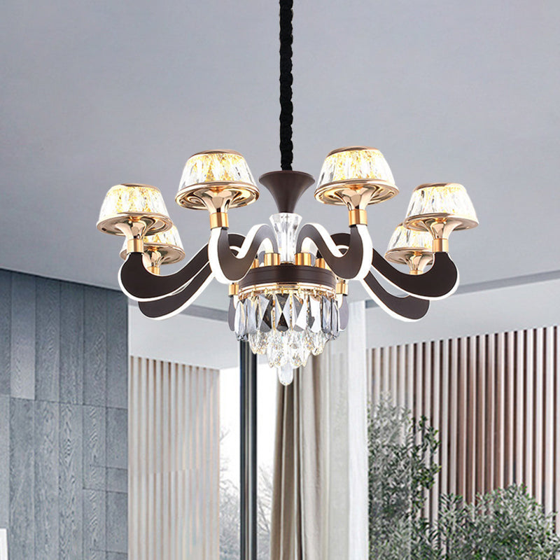 Black 6 Lights Ceiling Chandelier Modernist Metal Gooseneck Arm LED Crystal Hanging Pendant