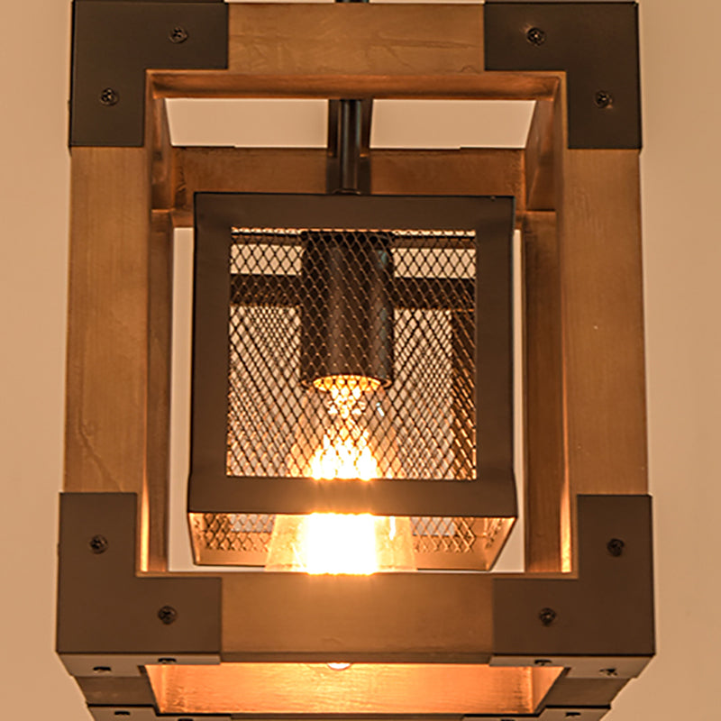 Brown Wire Mesh Pendant Light Industrial Metal One Bulb Living Room Hanging Lamp with Square Shade