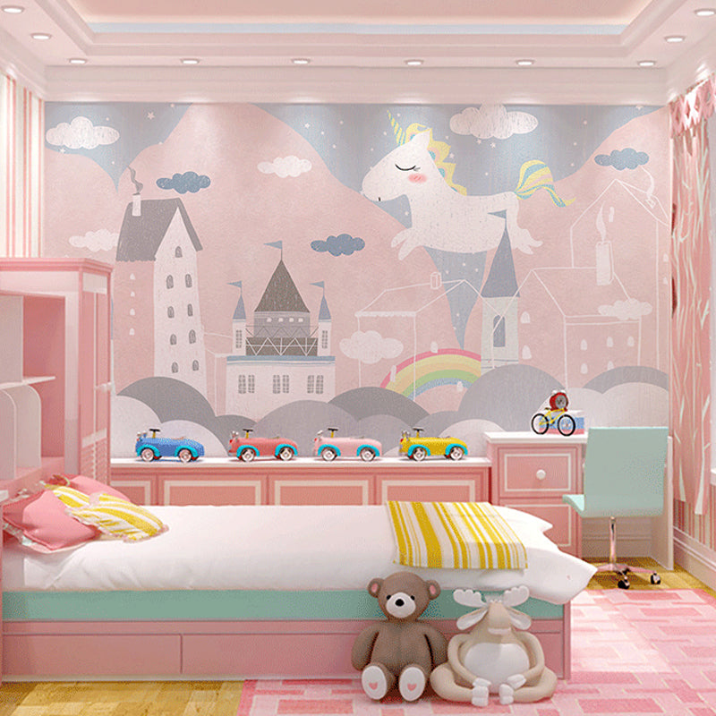 Whole Tiny Horse Wall Covering for Children Fantasy Sky Mural Wallpaper in Pastel Pink, Water-Resistant