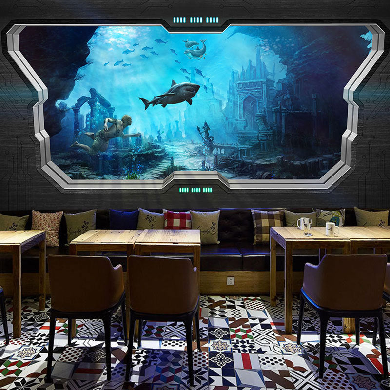 Modern 3D Undersea Mural Wallpaper in Dark Blur, Undersea Wall Covering for Meeting Room