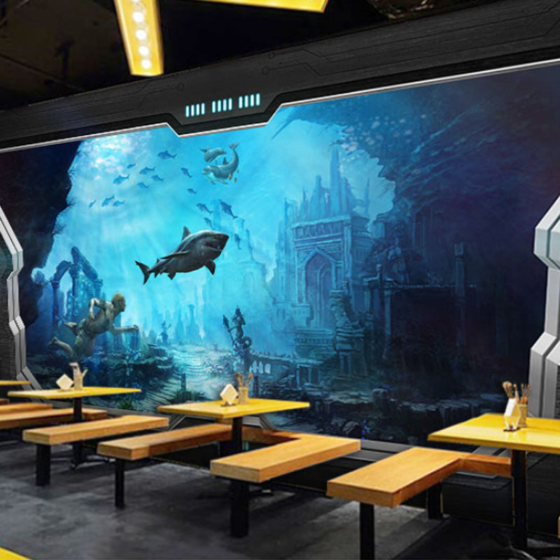 Modern 3D Undersea Mural Wallpaper in Dark Blur, Undersea Wall Covering for Meeting Room