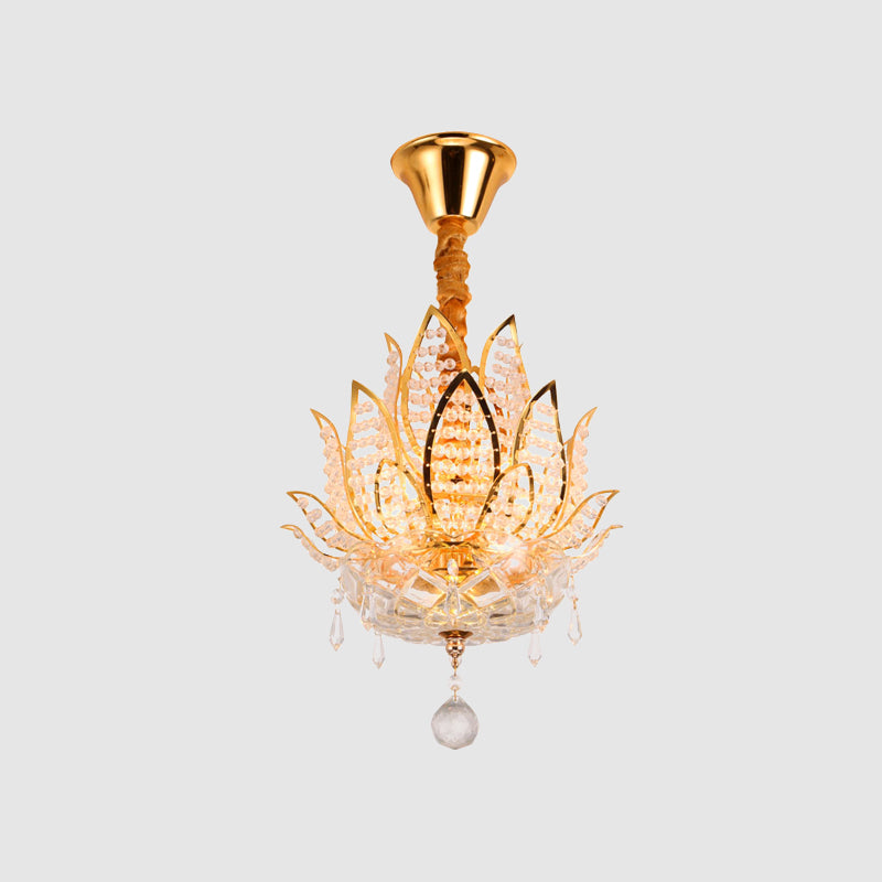 Traditioneller Lotus Flush Mount Lampe 3-Licht-Kristall in der Nähe des Deckenlichts in Gold