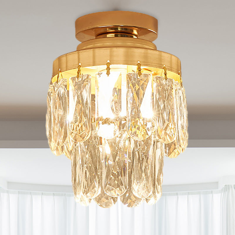 Pinecone/Cylinder Foyer Ceiling Lamp Simple Crystal 1 Bulb Gold Semi Flush Mount Light Fixture