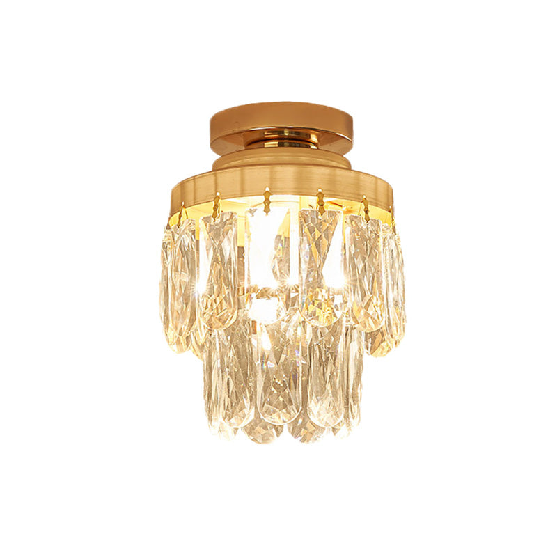 Pinecone/Cylinder Foyer Ceiling Lamp Simple Crystal 1 Bulb Gold Semi Flush Mount Light Fixture