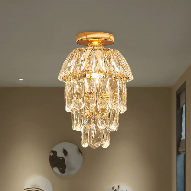 Pinecone/Cylinder Foyer Ceiling Lamp Simple Crystal 1 Bulb Gold Semi Flush Mount Light Fixture