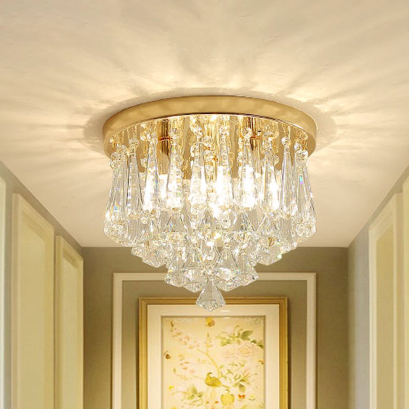 4-Light Crystal Flush Mount Lamp Modern Gold Cone Corridor Ceiling Light Fixture