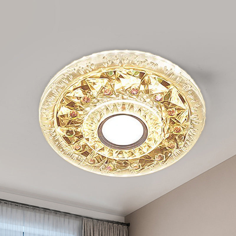 Round Mini LED Flushmount Lighting Simple Clear Triangle-Cut Crystal Flush Mount Ceiling Fixture