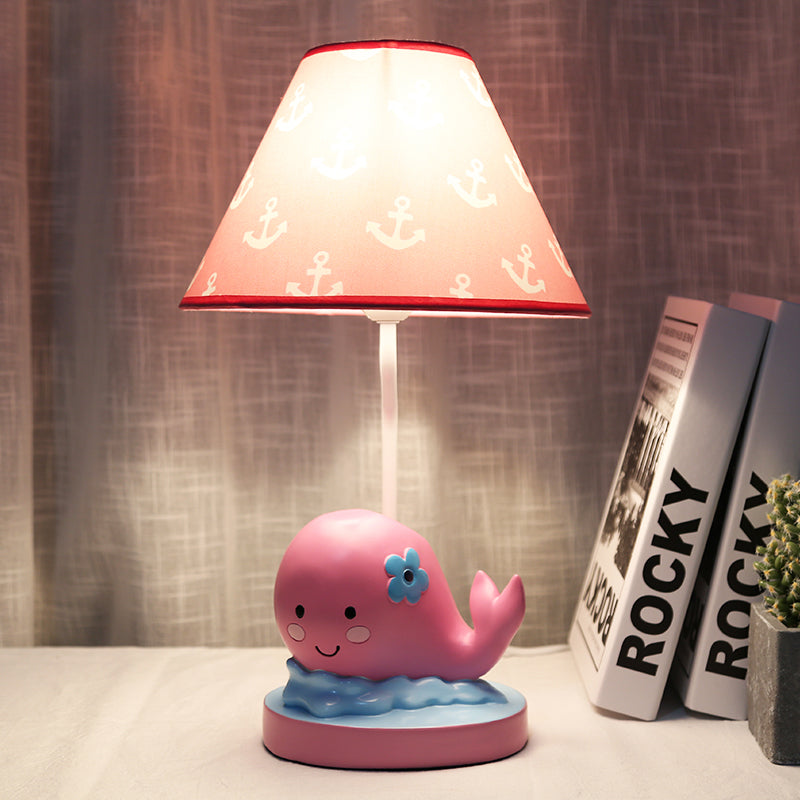 Cartoon Whale Small Desk Lamp Resin 1 Light Bedroom Nightstand Light with Barrel Fabric Shade in Pink