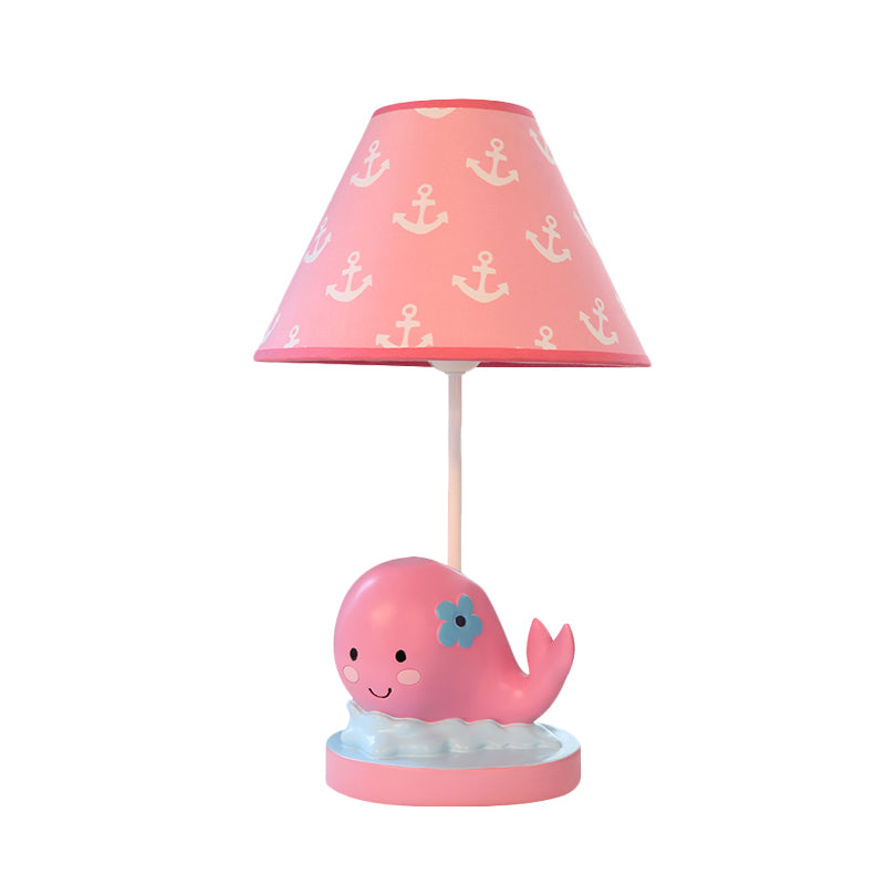 Cartoon Whale Small Desk Lamp Resin 1 Light Bedroom Nightstand Light with Barrel Fabric Shade in Pink