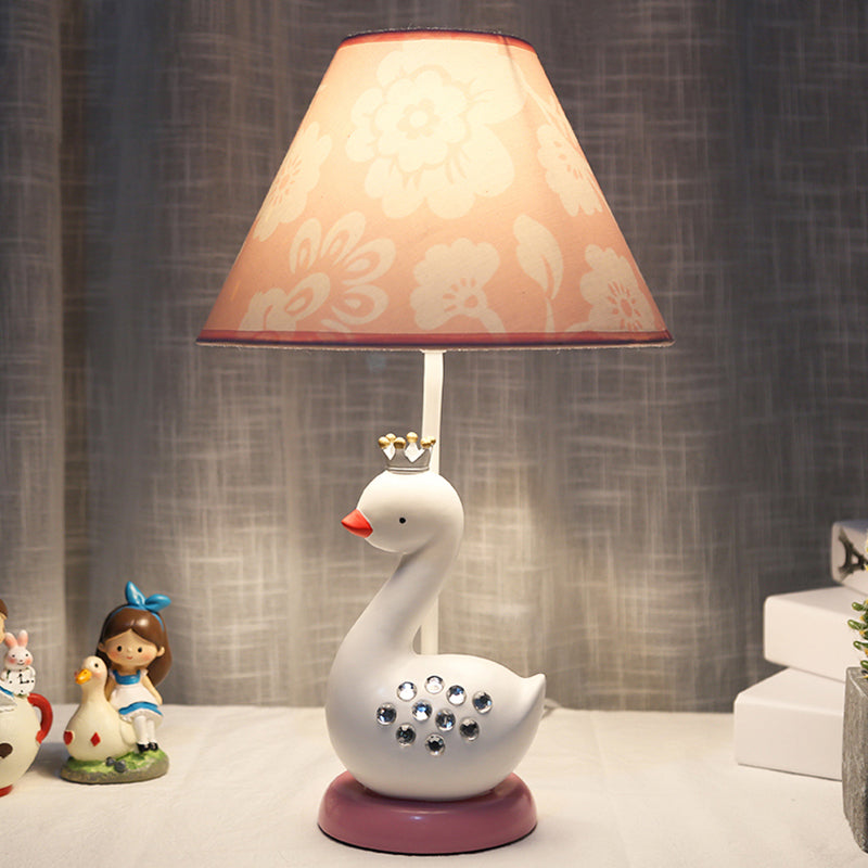 White Goose Night Light Cartoon 1 Bulb Resin Reading Lamp with Barrel Fabric Shade for Bedroom