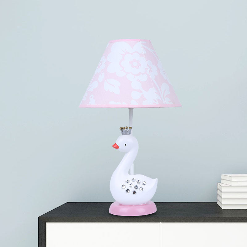 White Goose Night Light Cartoon 1 Bulb Resin Reading Lamp with Barrel Fabric Shade for Bedroom