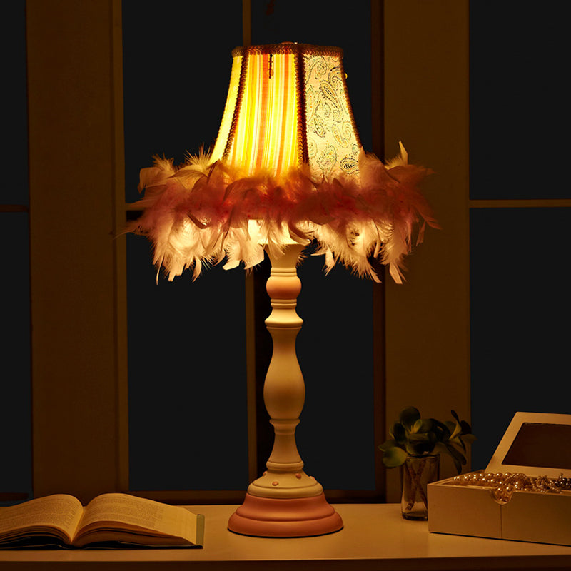 Barrel Resin Table Lamp with Feather Modern 1 Bulb Pink Bedroom Reading Book Light