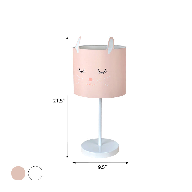 Contemporary Drum Table Lamp Fabric 1 Light Bedroom Night Light with Rabbit Pattern in White/Pink