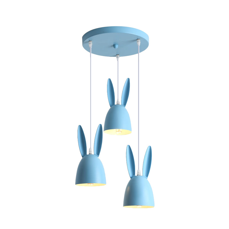 Pink/Blue Rabbit Shade Drop Cluster Anhänger Leicht Cartoon 3 Lichter Metallhanglampe