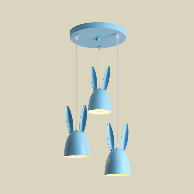 Rose / bleu Rabbit Shade Drop Cluster Pendant Light Cartoon 3 lumières Metal Hanging Lampe