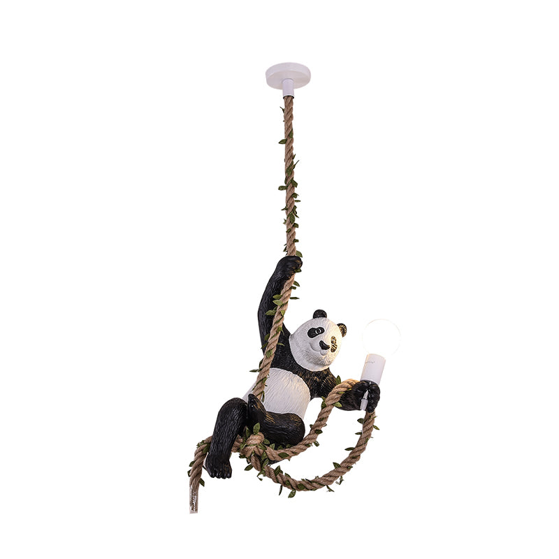 Panda Pendant Light Fixture Creative Resin 1 Bulb Hanging Lamp Kit with Rope Rod in Black and White