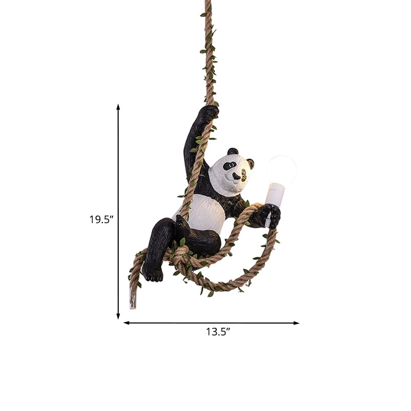 Panda Pendant Light Fixture Creative Resin 1 Bulb Hanging Lamp Kit with Rope Rod in Black and White