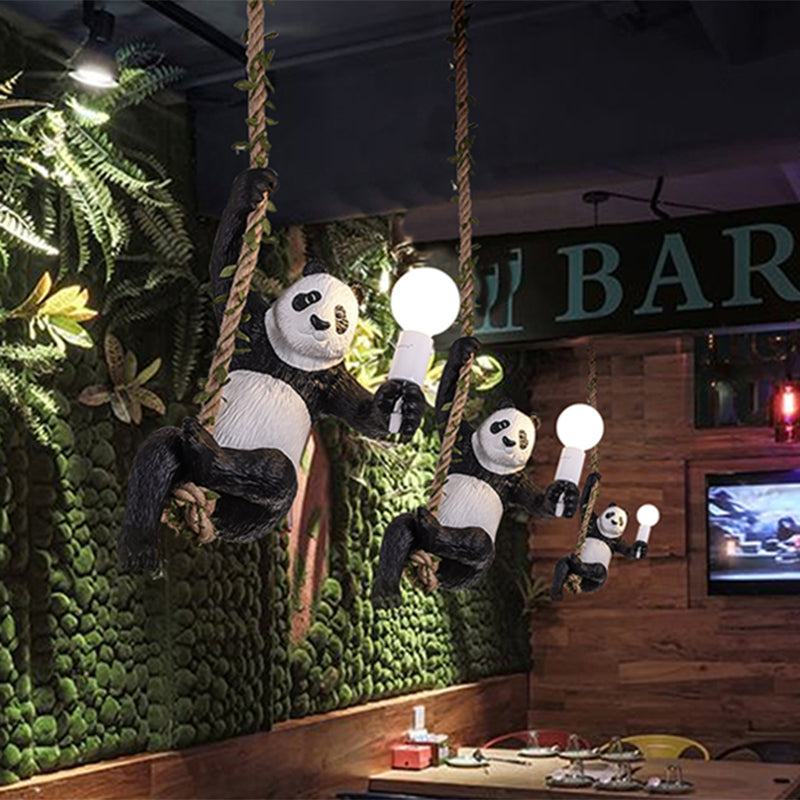 Panda Pendant Light Fixture Creative Resin 1 Bulb Hanging Lamp Kit with Rope Rod in Black and White