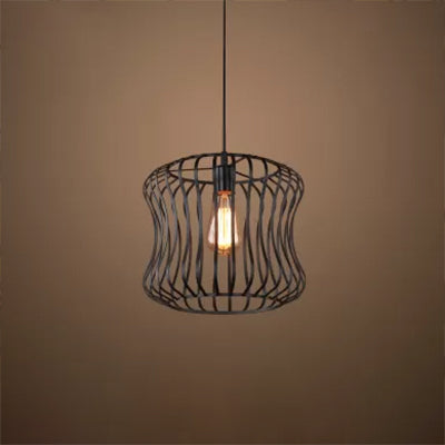 Wire Guard Metallic Hanging Ceiling Light Vintage 1 Head Living Room Suspension Light in Matte Black