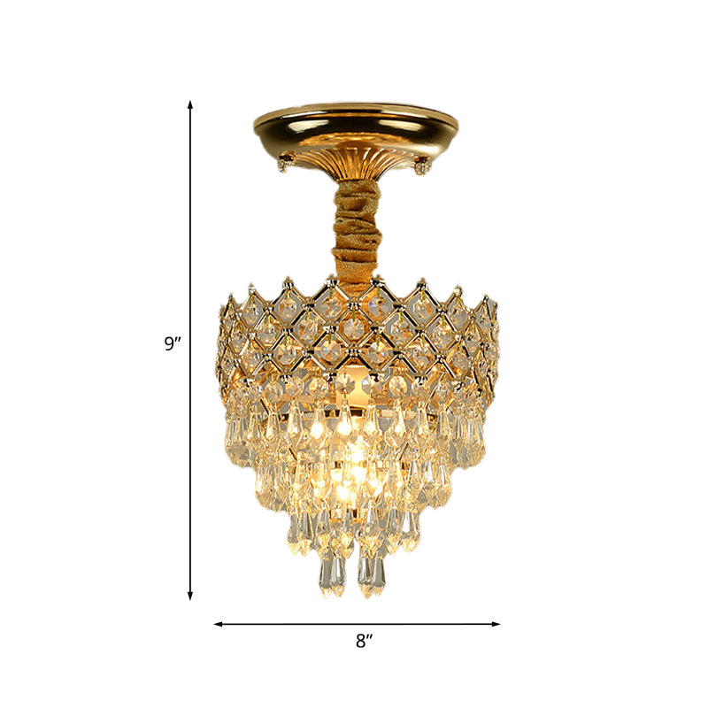 4 Tiers Crystal Droplet Ceiling Lamp Traditional 1-Light Sitting Room Semi Flush Mount Lighting with Gold Crown Top