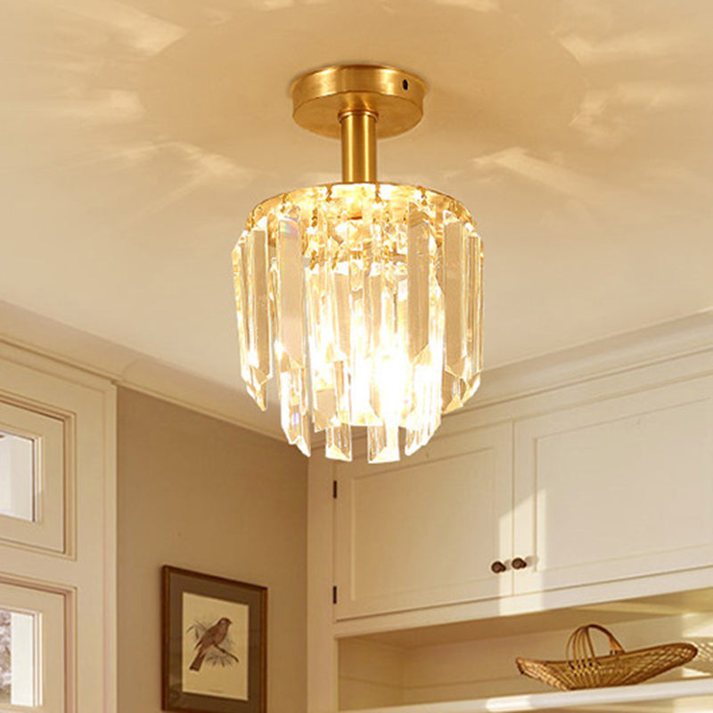 Simple Drum Clear Crystal Semi Flush Mount 1 Light Close to Ceiling Light in Brass for Porch