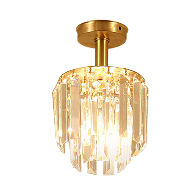 Simple Drum Clear Crystal Semi Flush Mount 1 Light Close to Ceiling Light in Brass for Porch