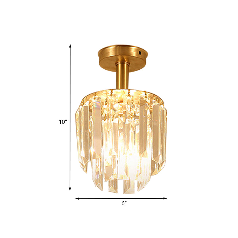 Simple Drum Clear Crystal Semi Flush Mount 1 Light Close to Ceiling Light in Brass for Porch