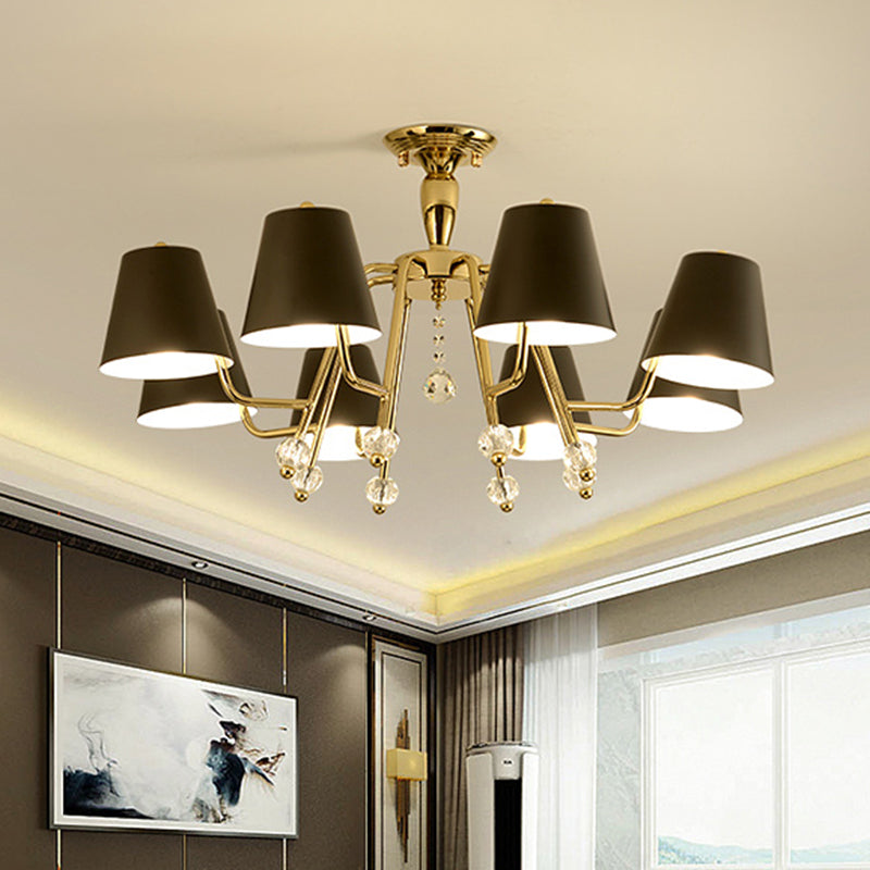 Simplicity Conical Semi Mount Lighting Metal 6/8 Light Living Room Plafond Monted Light in Black met Crystal Orb Accent