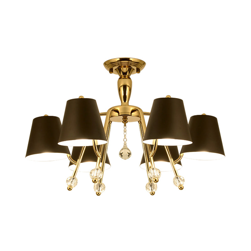 Simplicity Conical Semi Mount Lighting Metal 6/8 Light Living Room Plafond Monted Light in Black met Crystal Orb Accent