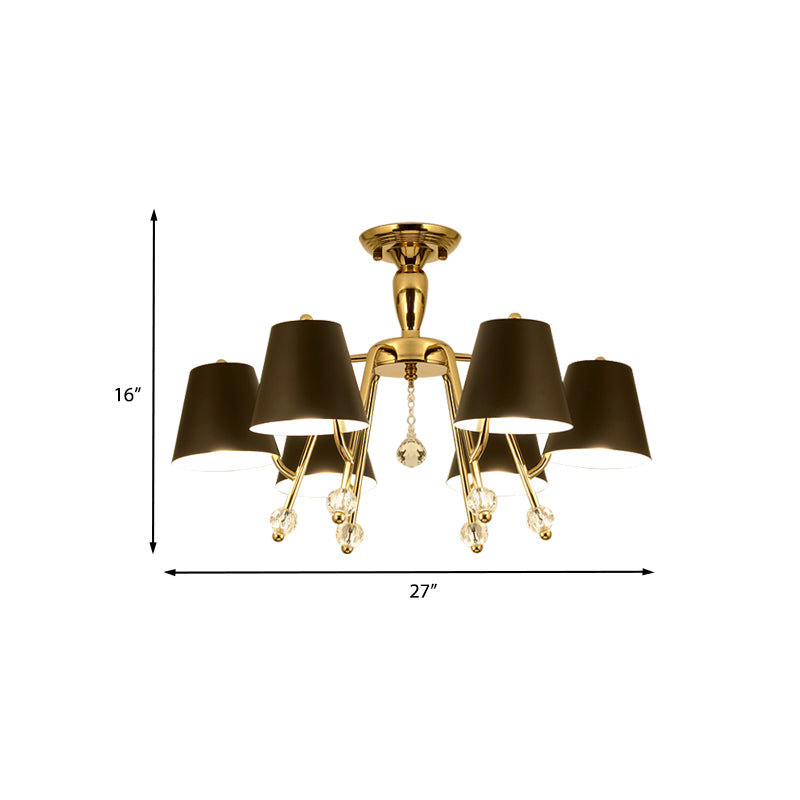 Einfachheit konische Halbmontage Beleuchtung Metall 6/8-Licht Wohnzimmer Deckenleuchte in Schwarz mit Kristallkugel Akzent