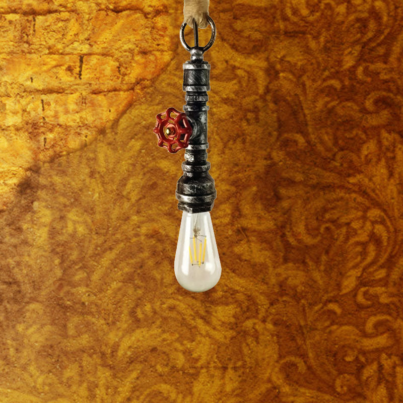 Wrought Iron Pipe Hanging Fixture Industrial 1 Light Indoor Pendant Lamp with Adjustable Rope in Aged Silver/Weathered Copper