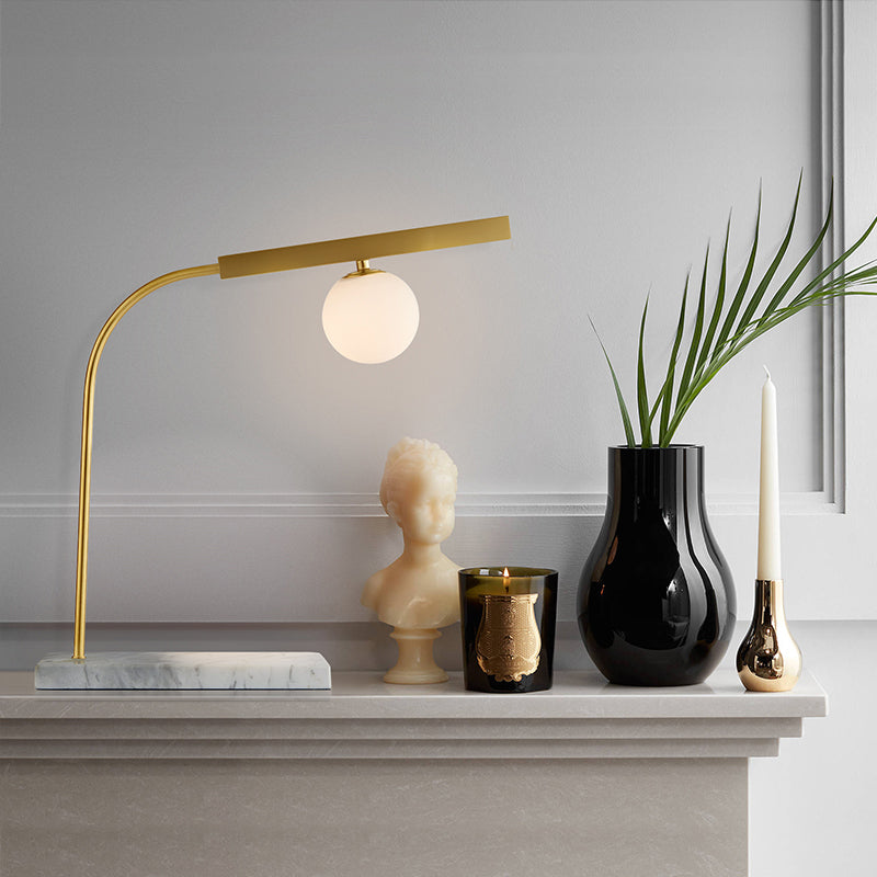 Orb Milk Glass Desk Light Minimalist 1 Light Gold Reading Book Light with Rectangle Marble Base