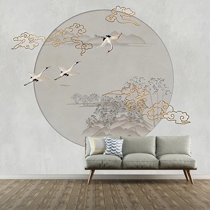 Full Sun and Bird Mural in Pastel Color Non-Woven Wall Covering for Home Decor, Custom-Printed