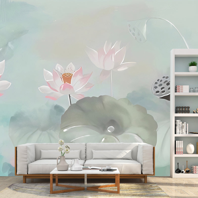 Fresh Lotus Wall Covering Pink and Green Gallery Mural Wallpaper, Custom-Printed