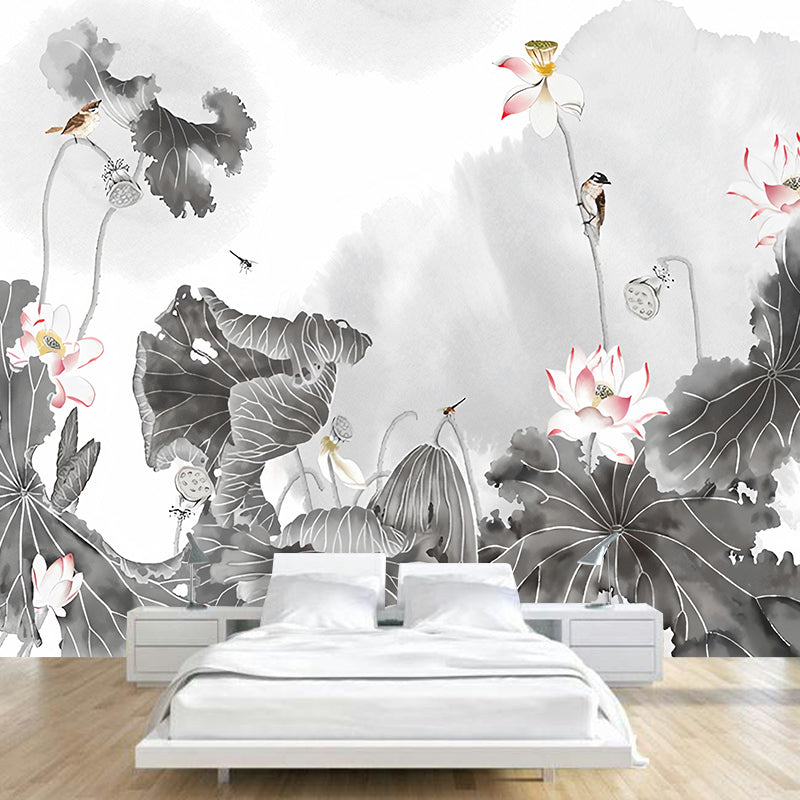 Giant Illustration Vintage Wall Mural for Guest Room with Watercolors of Lotus in Grey and Pink