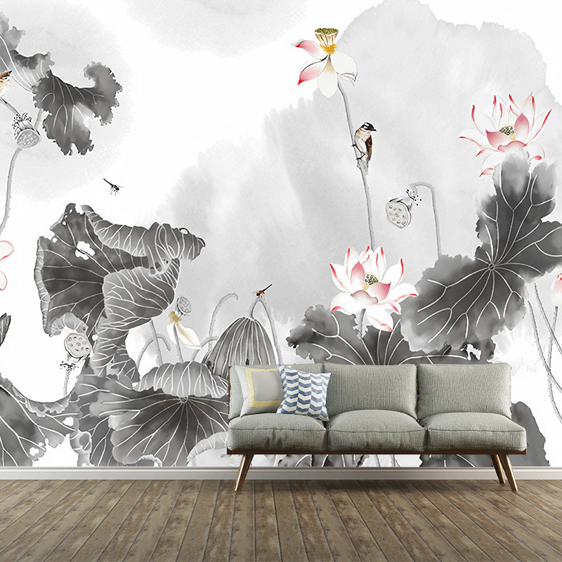 Giant Illustration Vintage Wall Mural for Guest Room with Watercolors of Lotus in Grey and Pink