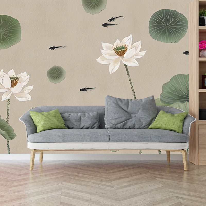 Giant Illustration Lotus Wall Art Lotus and Leaf Mural Wallpaper, Green and Brown