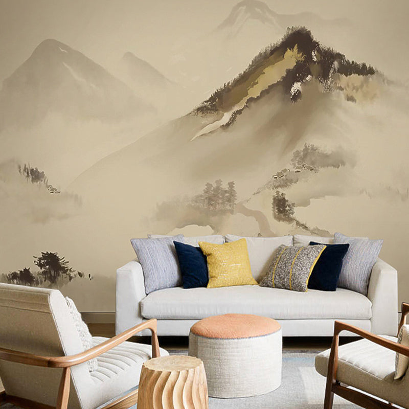 Whole Illustration Mountain Mural for Accent Wall, Pastel Brown, Made to Measure